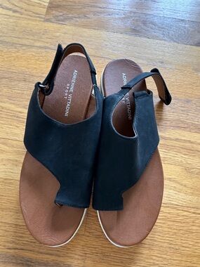 Adrienne Vittadini Black Suede Slingback Toe-Loop Sandals